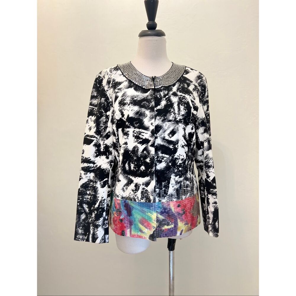 Chico's Women's Abstract Geisha Girl Rainbow Sequin Jacket Black White Size 1